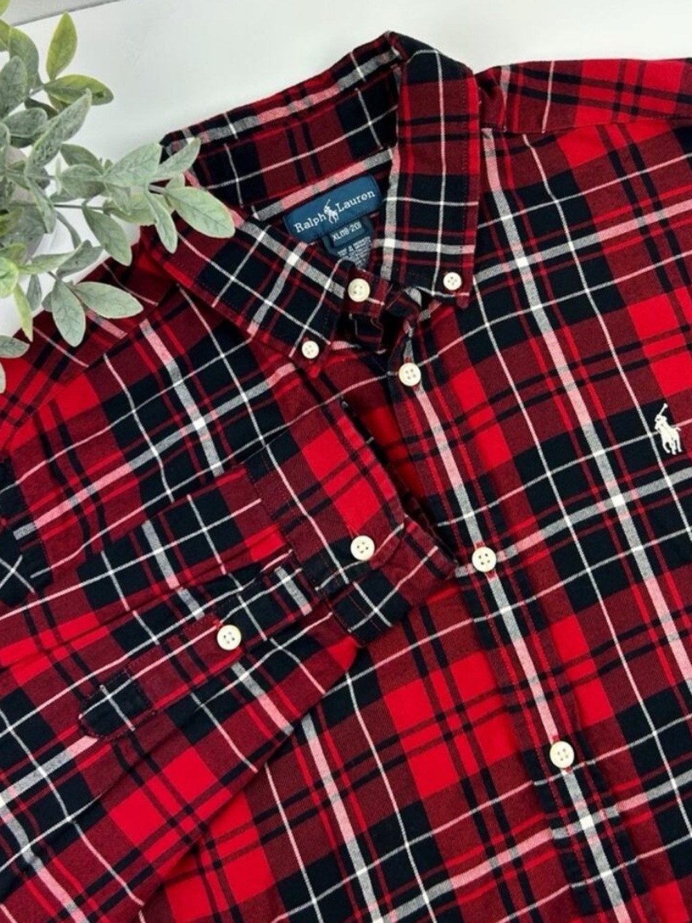 Ralph Lauren Boys 100% Cotton Red Plaid Button Down Shirt Size XL (18/20)